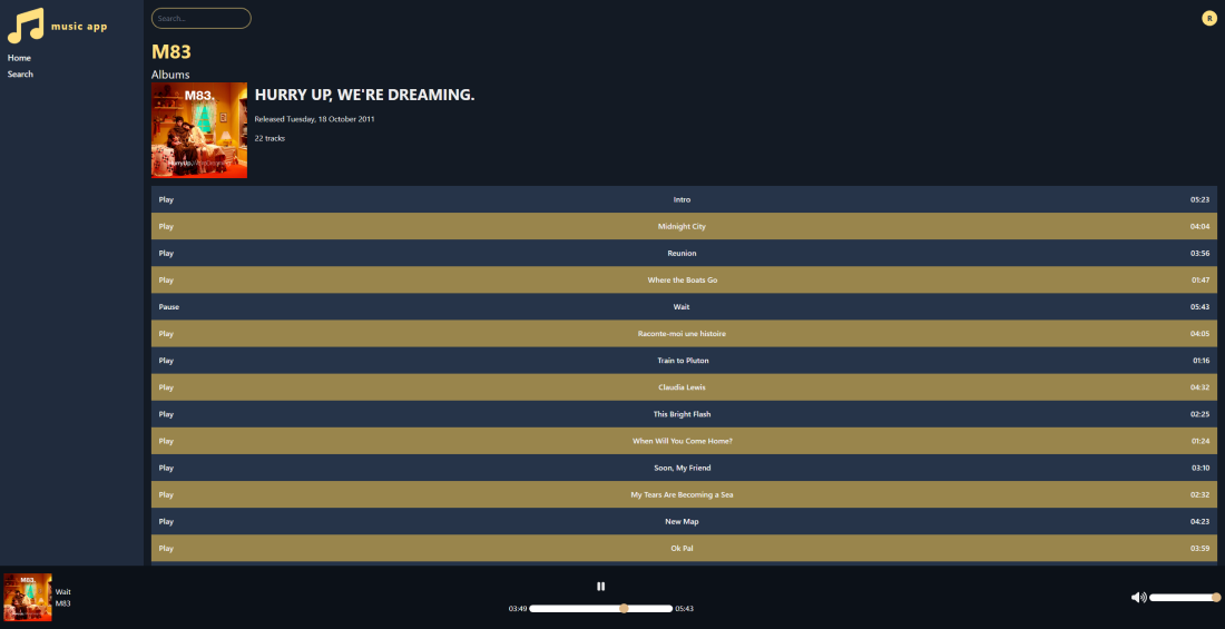 A screenshot of the Music Streaming Website project