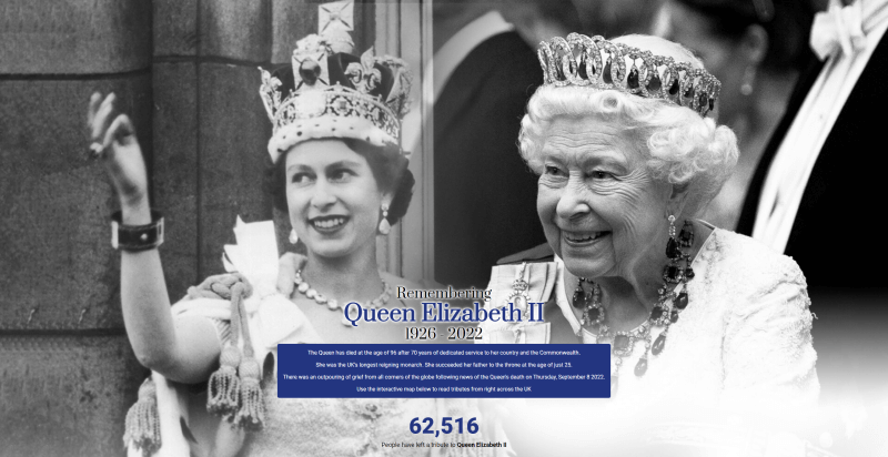 A screenshot of the Queen Elizabeth II Tribute Page project. Image shows text content relating to Queen Elizabeth II, with a photo of younger and older Queen Elizabeth II in the background.